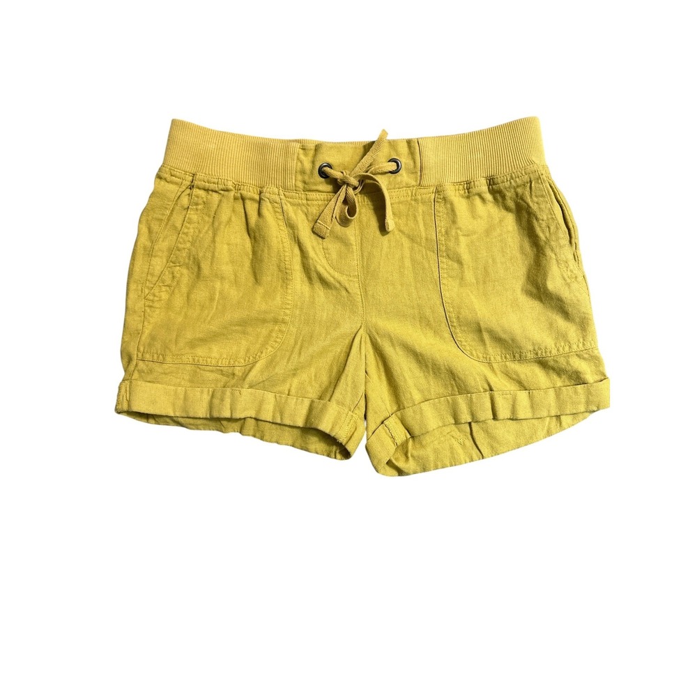 Per Se Womens Mustard Yellow Linen Blend Drawstring Ribbed Waist‎ Shorts Size S